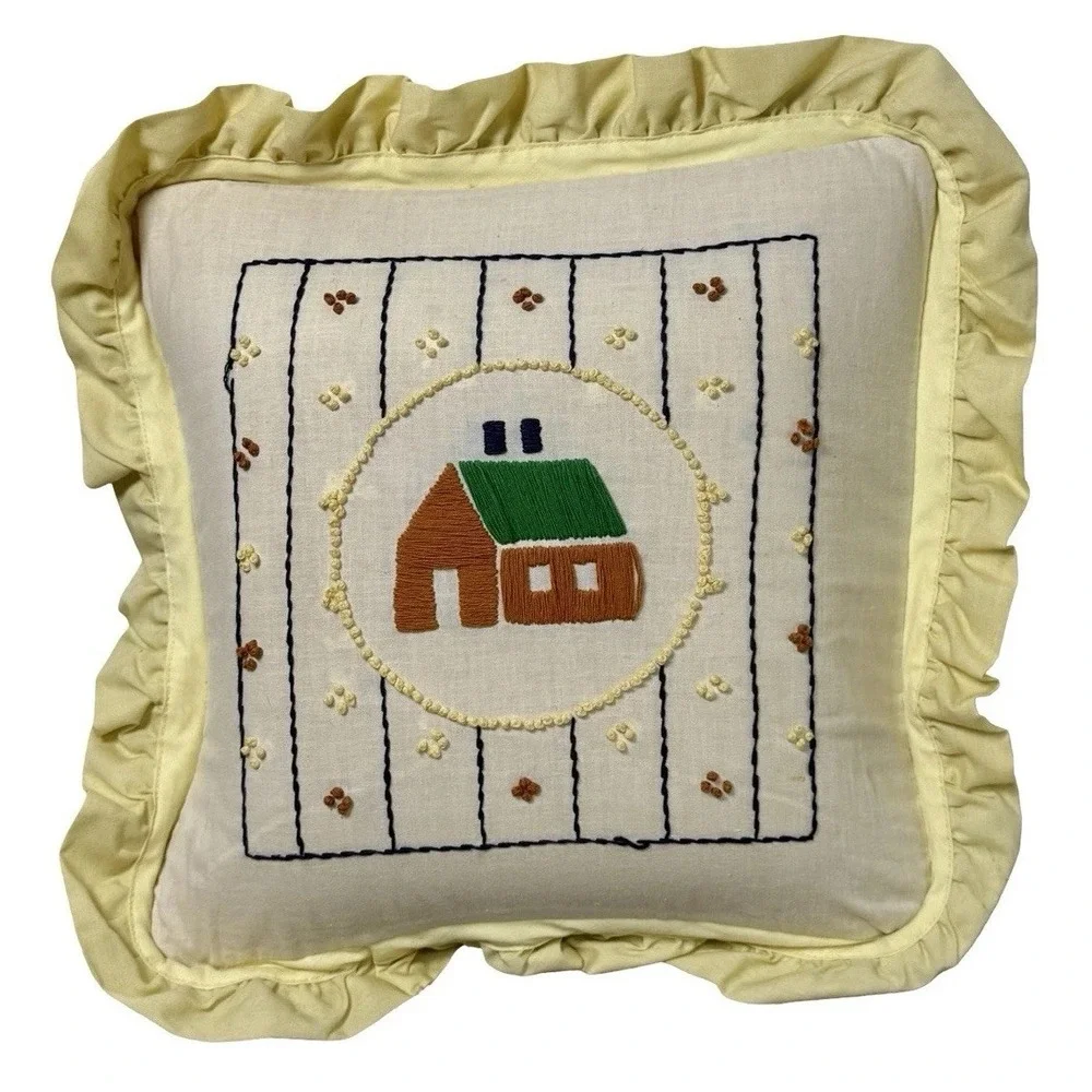 Vintage Embroidered Cottage House Throw Pillow Ruffle Granny Chic Country 12